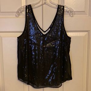 Black sheer overlay sequin silver top sleeveless size medium